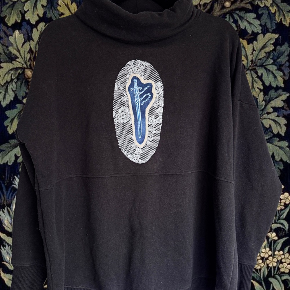Black Cowl Neck Sweatshirt w/ Sword Patch